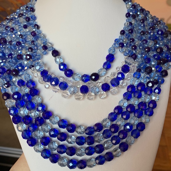 COPPOLA E TOPPO 1950s VINTAGE CRYSTAL BEAD BIB NECKLACE CHOCKER CYAN COB…